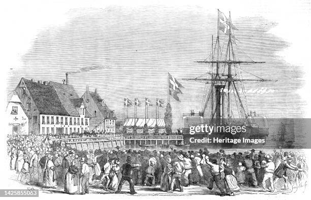 Arrival of the King of Denmark at Flensburg, 1854. Opening of the British-built Royal Danish Railway by Frederick VII, King of Denmark. Present were...