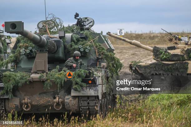 Polish military drives a AHS Krab during a fire demonstration part of the Bear 22 military exercises at the Nowa Deba training ground on September...