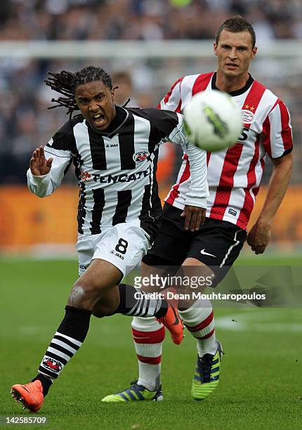 Erik Pieters of PSV and Lerin Duarte of Heracles battle for the ball during the Dutch Cup Final between PSV Eindhoven and SC Heracles Almelo at...