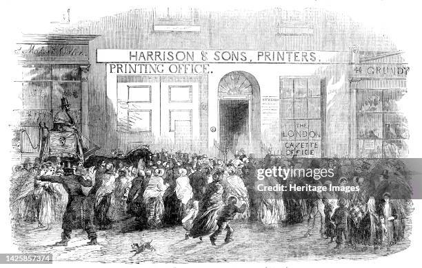 Publication of a War "Gazette" Extraordinary, at the office, St. Martin's Lane, 1854. London crowds wait for news of the Battle of Inkerman....