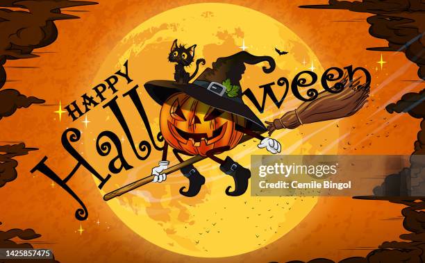 halloween hintergrund - witch flying on broom stock-grafiken, -clipart, -cartoons und -symbole