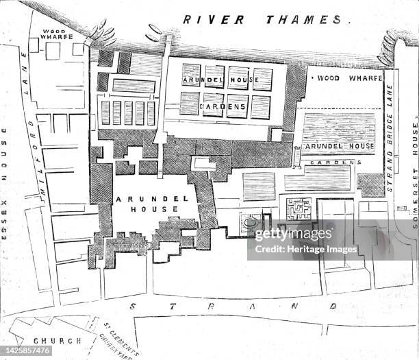 Ground-plot of Arundel House and Gardens, , 1854. Map of a large house on the Strand, near the River Thames in London, demolished in the 17th...