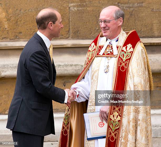 Prince Edward, Earl of Wessex greets David Conner as he attends the Easter Matins service at St George's Chapel at Windsor Castle on April 8, 2012 in...
