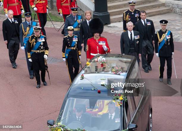 The coffin of Queen Elizabeth II in The state hearse is followed by Prince Edward, Earl of Wessex, Prince Andrew, Duke of York, Anne, Princess Royal,...