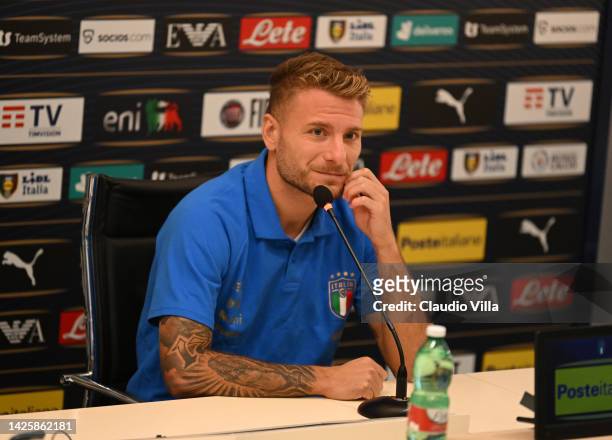 Ciro Immobile of Italy speaks with the media during a press conference at Centro Tecnico Federale di Coverciano on September 21, 2022 in Florence,...