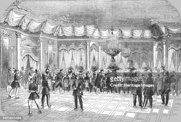 Banquet given by the Sultan to Prince Napoleon, in the Hall of the Palace of Beylerbey, 8th May 1854', 1854. From "Cassells Illustrated Family Paper;...