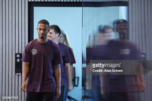 Thilo Kehrer and Jonas Hofmann arrive for a Germany press conference at DFB-Campus on September 21, 2022 in Frankfurt am Main, Germany.