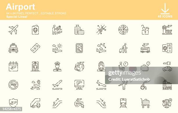 airport special lineal icons , editable stroke , 64x64 pixel perfect - safe travel stock illustrations