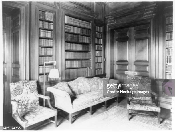 Library in Mrs. Hamilton Rice home, Newport, Rhode Island, 1917. The Miramar neoclassical mansion was designed by Horace Trumbauer for George Widener...