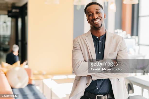 business leadership, black man and ceo director leading with vision, success and motivation in modern office company. portrait of african american executive manager, happy entrepreneur and smile boss - about us stock pictures, royalty-free photos & images