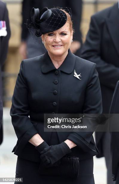 Sarah Ferguson is seen during The State Funeral Of Queen Elizabeth II at Westminster Abbey on September 19, 2022 in London, England. Elizabeth...