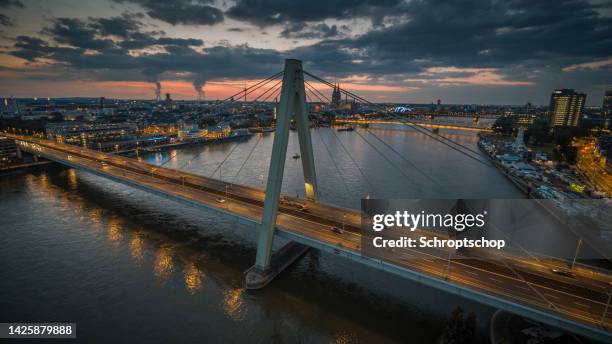 severin bridge in cologne at dusk - aerial view - rhineland stock pictures, royalty-free photos & images