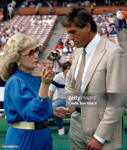 Rams Owner Georgia Frontiere chats with Rams Jack Youngblood pre-game between Los Angeles Rams v. Minnesota Vikings, October 6, 1985 in Anaheim,...