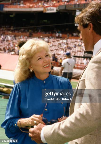Rams Owner Georgia Frontiere chats with Rams Jack Youngblood pre-game between Los Angeles Rams v. Minnesota Vikings, October 6, 1985 in Anaheim,...