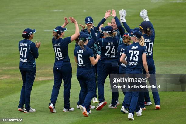Sophie Ecclestone of England celebrates taking the wicket of Smriti Mandhana of India during the 2nd Royal London ODI between England Women and India...