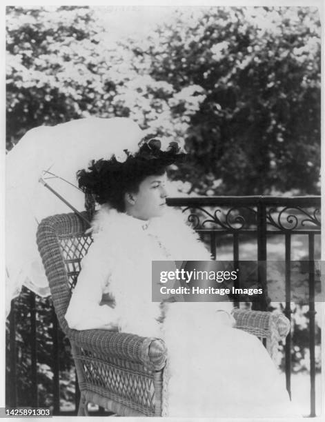 Alice Roosevelt Longworth, between circa 1890 and circa 1910. Three-quarter length portrait, seated in wicker chair, facing right. [Daughter of...