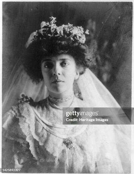 Alice Longworth, 1884-1980, 1906. Head and shoulders portrait, facing left, in her wedding gown. [Daughter of President Theodore Roosevelt and his...