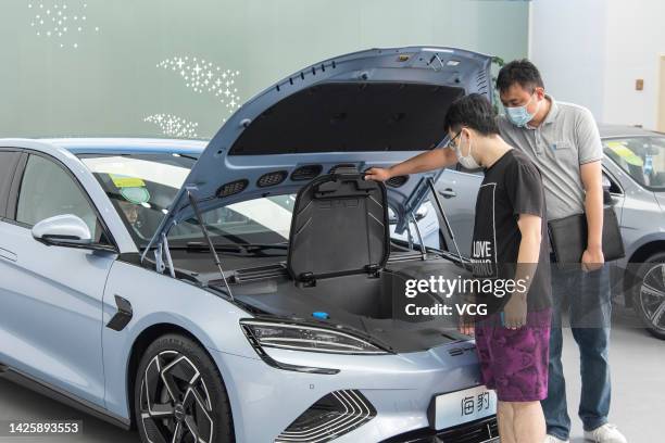 Co. Seal electric sedan is displayed for sale at a BYD showroom on August 31, 2022 in Shanghai, China.