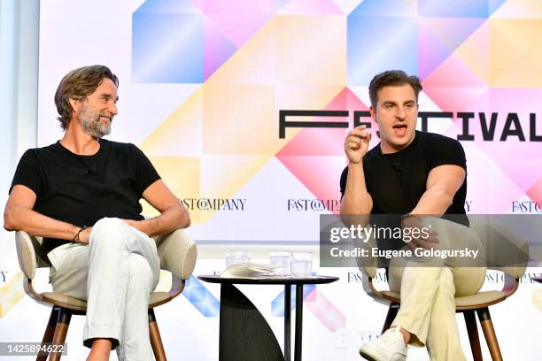 James Vincent, Founder and CEO, FNDR, and Brian Chesky, Cofounder and CEO, Airbnb, speak onstage during The Fast Company Innovation Festival - Day 2...