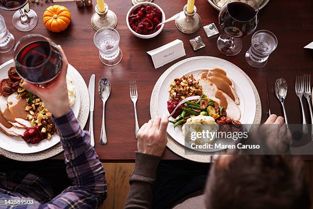 overhead of two men eating holiday meal - table manners stock pictures, royalty-free photos & images