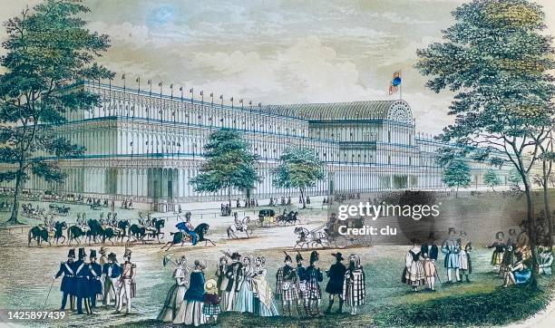 ilustraciones, imágenes clip art, dibujos animados e iconos de stock de londres, hyde park, crystal palace, 1851 - palacio-de-cristal