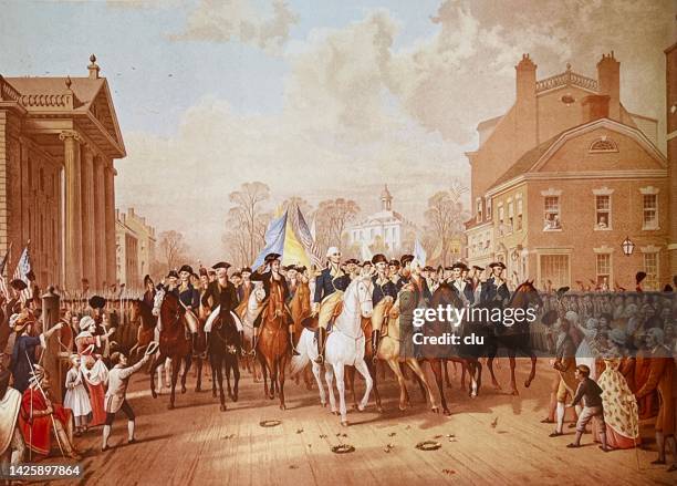 entry of george washington into new york on november 25, 1783 - george washington stock illustrations