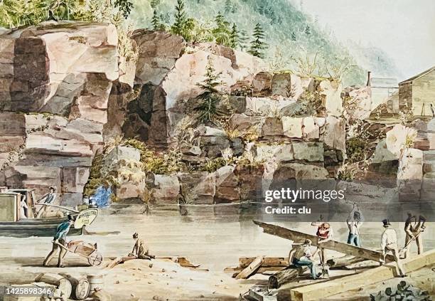 construction of the erie canal in new york city - canal stock illustrations