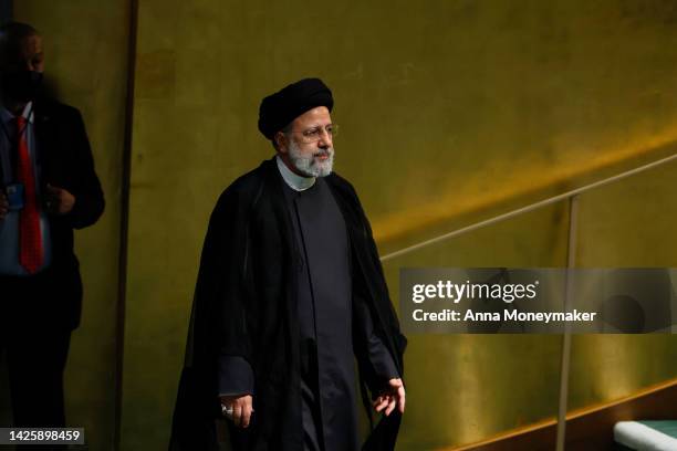 Iranian President Ebrahim Raisi prepares to deliver remarks at the 77th session of the United Nations General Assembly at U.N. Headquarters on...