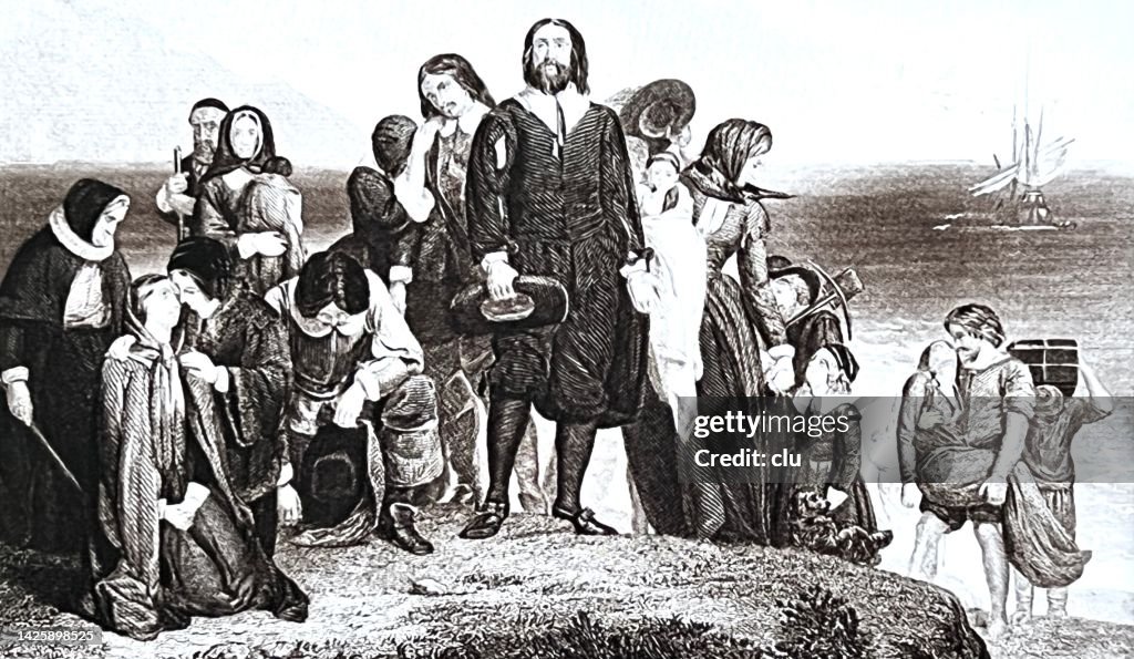 Llegada de los Padres Peregrinos a América 1620, el Mayflower al fondo