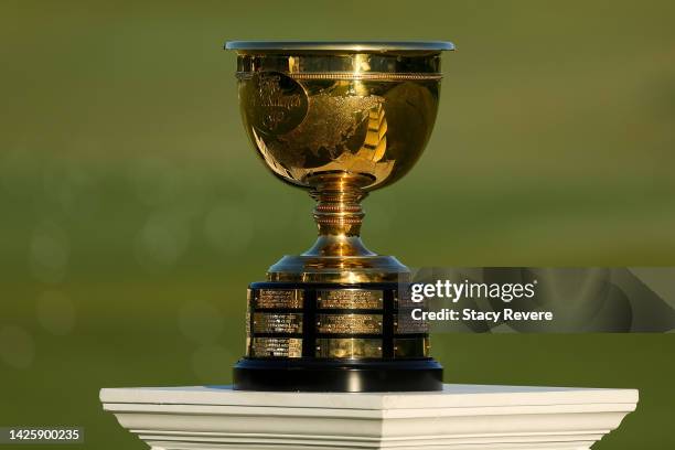 The Presidents Cup trophy is seen prior to the 2022 Presidents Cup at Quail Hollow Country Club on September 21, 2022 in Charlotte, North Carolina.