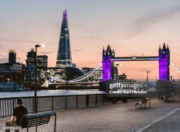 a man sits on a bench looking at london's tower bridge and the shard - central london stock pictures, royalty-free photos & images