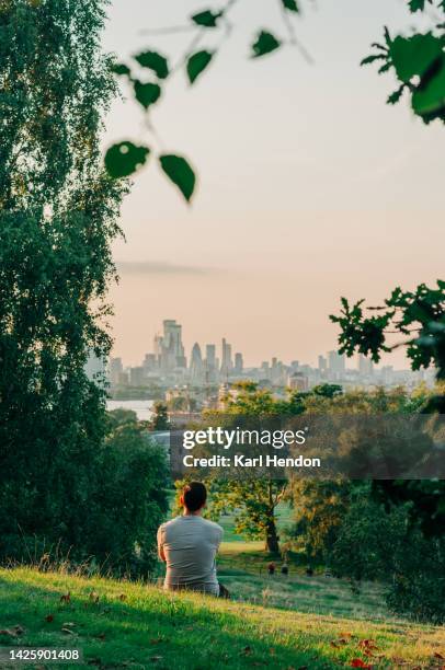 a man sits in a london park looking at a sunset view of the city - london park stock pictures, royalty-free photos & images