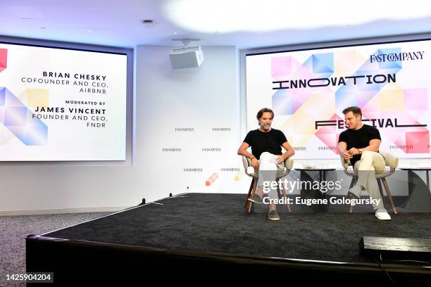 James Vincent, Founder and CEO, FNDR, and Brian Chesky, Cofounder and CEO, Airbnb, speak onstage during The Fast Company Innovation Festival - Day 2...