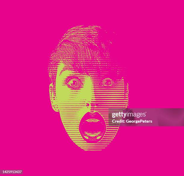 ilustrações de stock, clip art, desenhos animados e ícones de retro style illustration of young woman with shocked facial expression - filme de terror