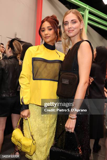 Shay Mitchell and Chiara Ferragni are seen at the Fendi Spring Summer 2023 Show during Milan Fashion Week on September 21, 2022 in Milan, Italy.