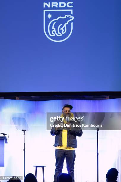 Michael Che speaks onstage during NRDC's "Night of Comedy", Honoring Anna Scott Carter, Presented In Partnership With Warner Bros. Discovery on...
