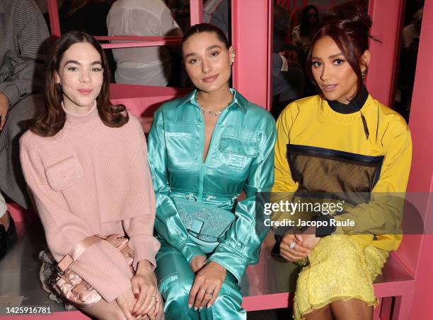 Ximena Lamadrid, Sasha Meneghel and Shay Mitchell are seen at the Fendi Spring Summer 2023 Show during Milan Fashion Week on September 21, 2022 in...