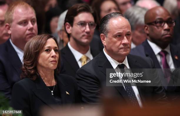 Vice President Kamala Harris and her husband Second Gentlemen Doug Emhoff attend the memorial service for the late Queen Elizabeth II at the National...