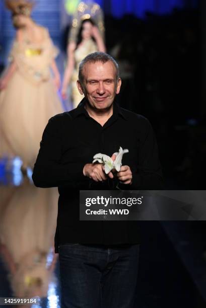 Fashion designer Jean Paul Gaultier on the runway after his spring 2007 haute couture show.