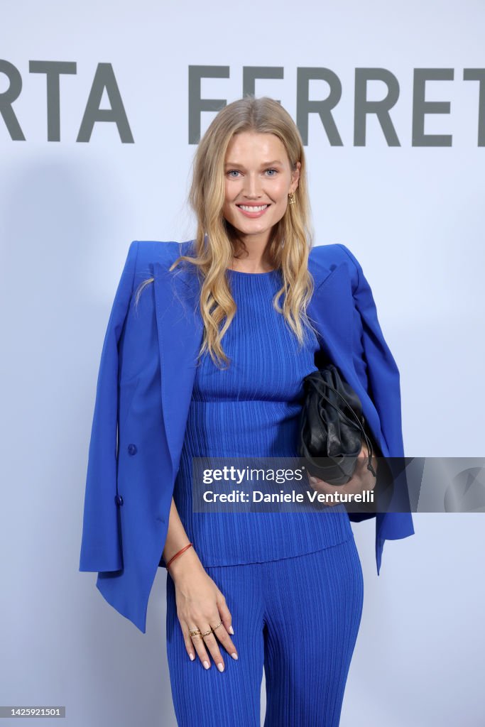 Toni Garrn is seen on the front row of the Alberta Ferretti Fashion