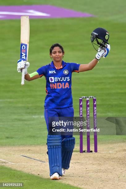Harmanpreet Kaur of India celebrates her 100 during the 2nd Royal London ODI between England Women and India Women at The Spitfire Ground on...