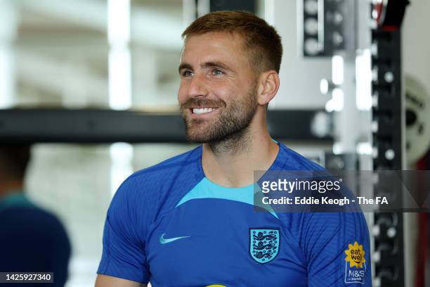 Luke Shaw of England reacts during the England Nations League Camp at St George's Park on September 21, 2022 in Burton upon Trent, England.