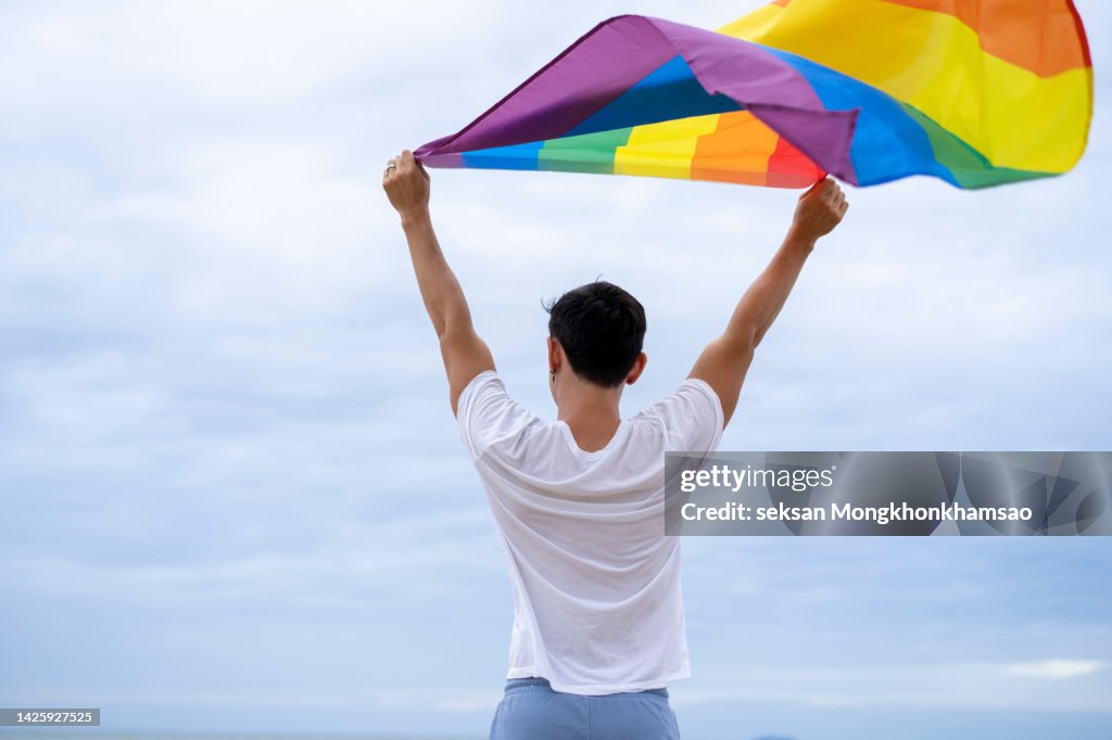 Cheerful guy with a rainbow flag on the beach. Young man holding a rainbow flag against the ocean sky