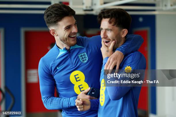 Declan Rice and Ben Chilwell of England interact during the England Nations League Camp at St George's Park on September 21, 2022 in Burton upon...