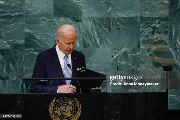 President Joe Biden delivers a speech during the 77th session of the United Nations General Assembly at U.N. Headquarters on September 21, 2022 in...