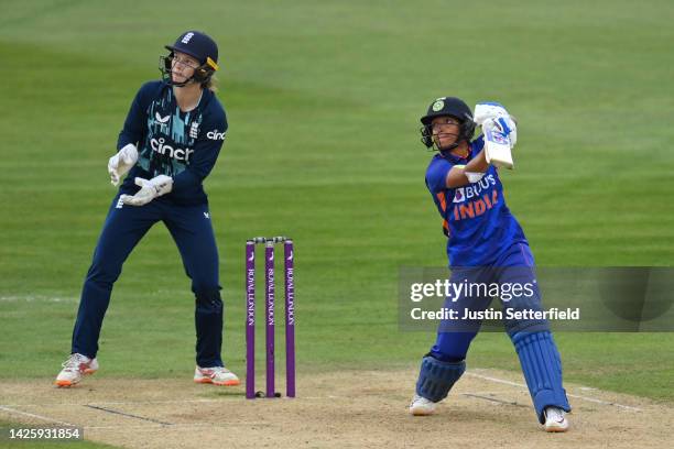 Harmanpreet Kaur of India plays a shot during the 2nd Royal London ODI between England Women and India Women at The Spitfire Ground on September 21,...