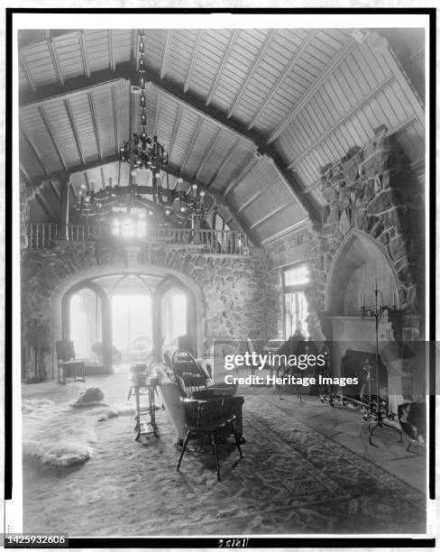 Interior of the stone mountain lodge of Mrs. Paul T. Mayo, Bear Creek Can~on, Rocky Mountains, Colorado, designed by architect Jacques Benois...