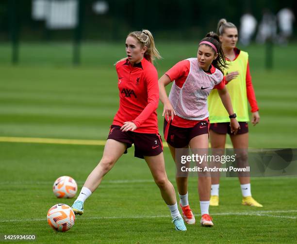 Missy Bo Kearns and Carla Humphrey of Liverpool Women during a training session at Solar Campus on September 21, 2022 in Wallasey, England.