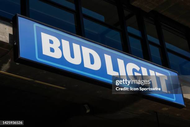 Detailed view of a Bud Light logo during a regular season game between the Chicago White Sox and Oakland Athletics on July 2 at RingCentral Coliseum...
