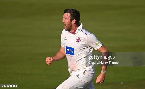 Craig Overton of Somerset celebrates the wicket of Will Young of Northamptonshire during Day Two of the LV= Insurance County Championship match...